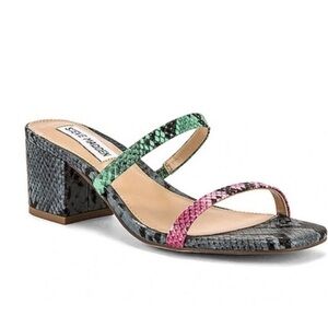 STEVE MADDEN Issy Strappy Block Heel‎ Sandal Multicolor Snakeskin Print Sz 9.5 M